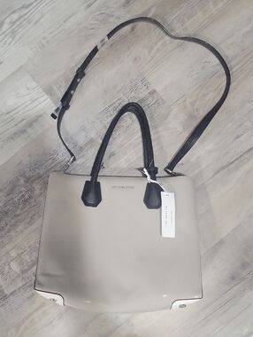 Michael Kors Beige Satchel with Black Handles and Adjustable Strap